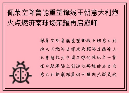 佩莱空降鲁能重塑锋线王朝意大利炮火点燃济南球场荣耀再启巅峰